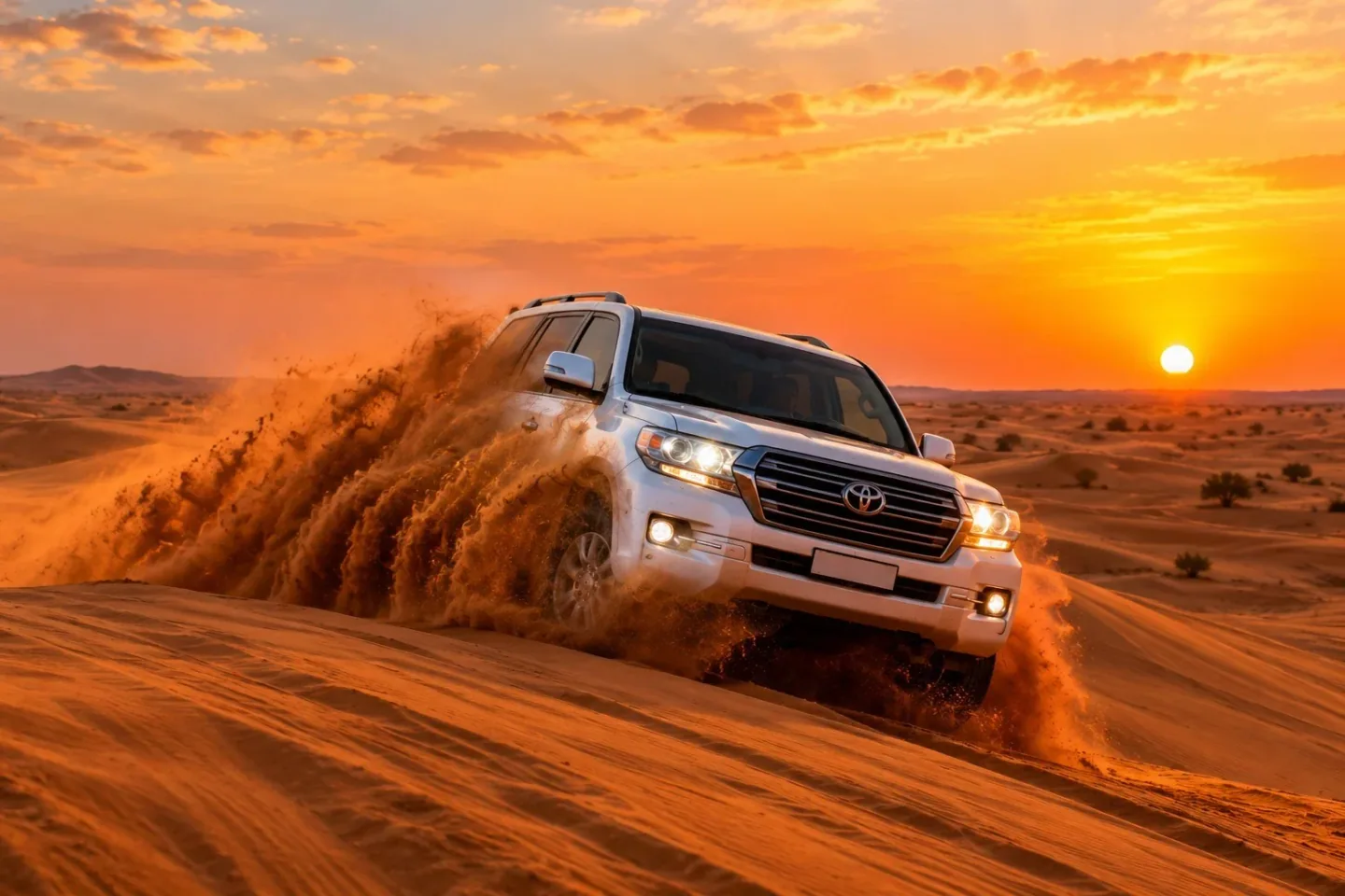 A white four-wheel-drive vehicle crossing Dubai desert dunes at sunset