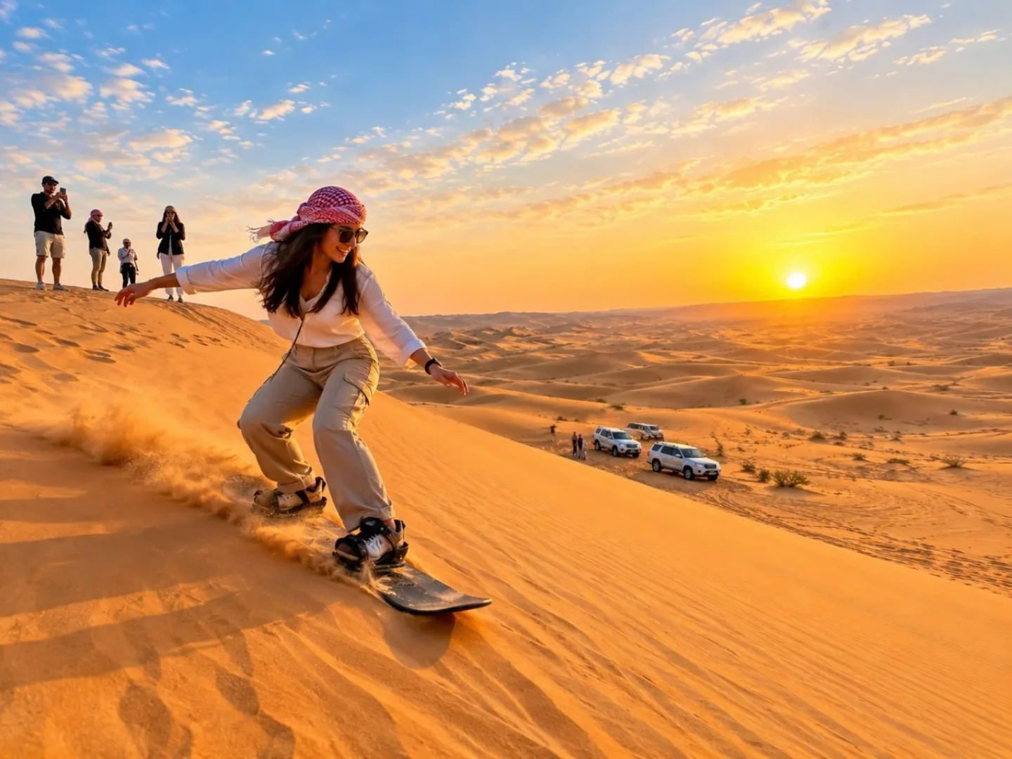 A visitor wearing trousers and a light top while sandboarding on a dune