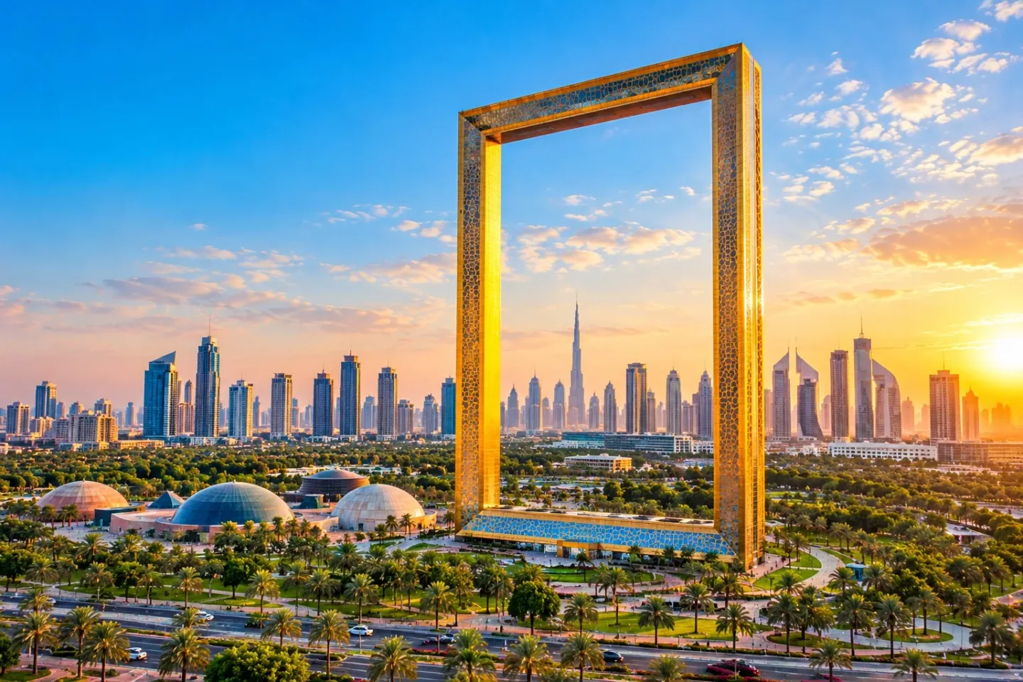 Dubai Frame rising above the city